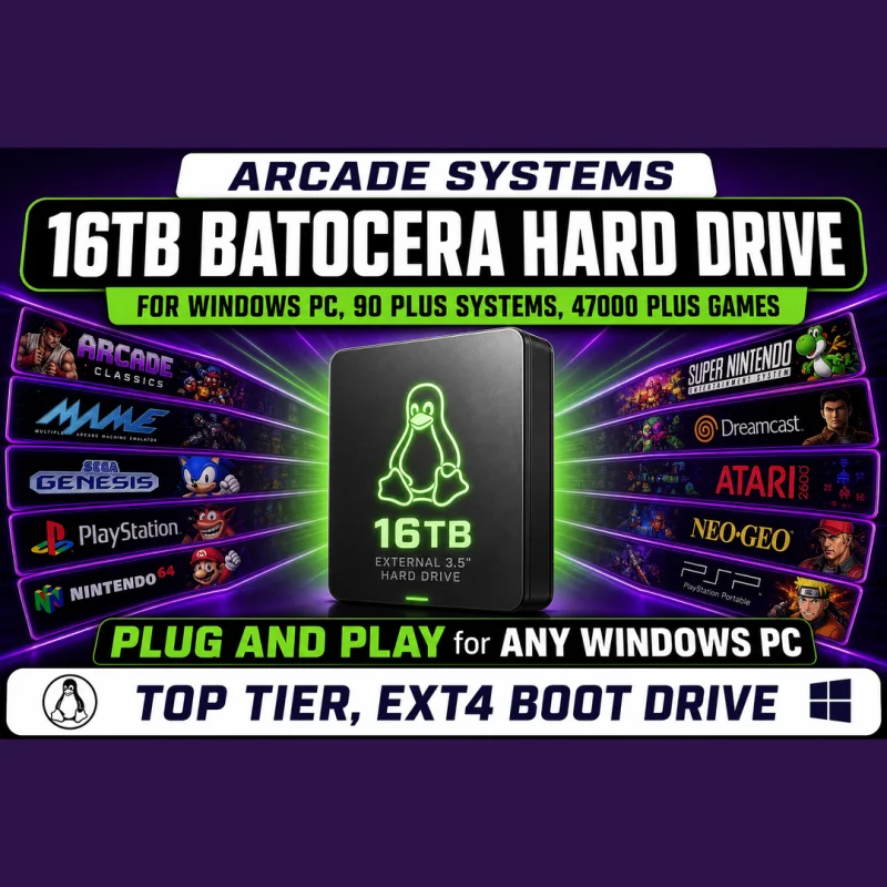 16TB Batocera Hard Drive — 90+ Systems · 47,000+ Games (PC)
