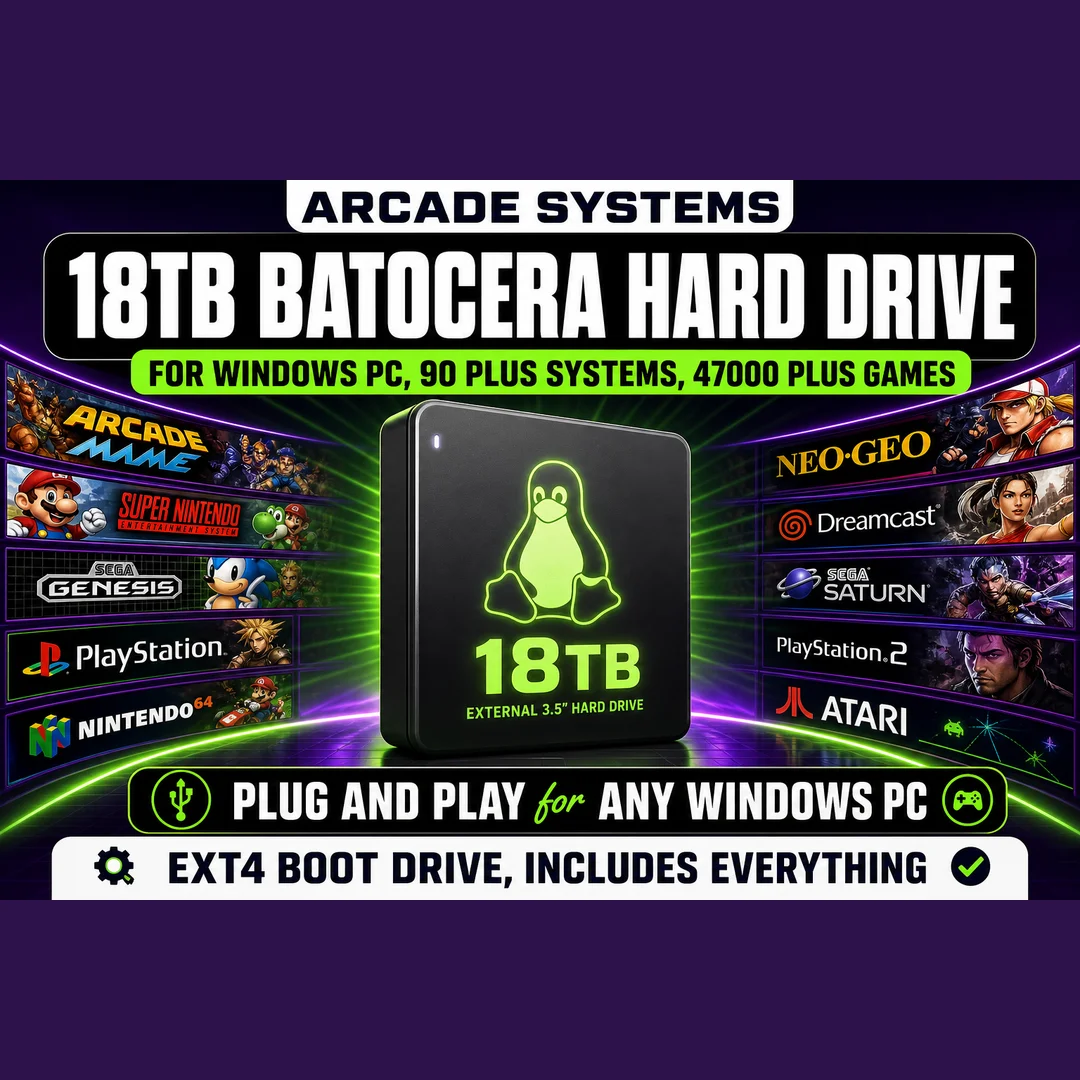 18TB Batocera Hard Drive — 90+ Systems · 47,000+ Games (PC)