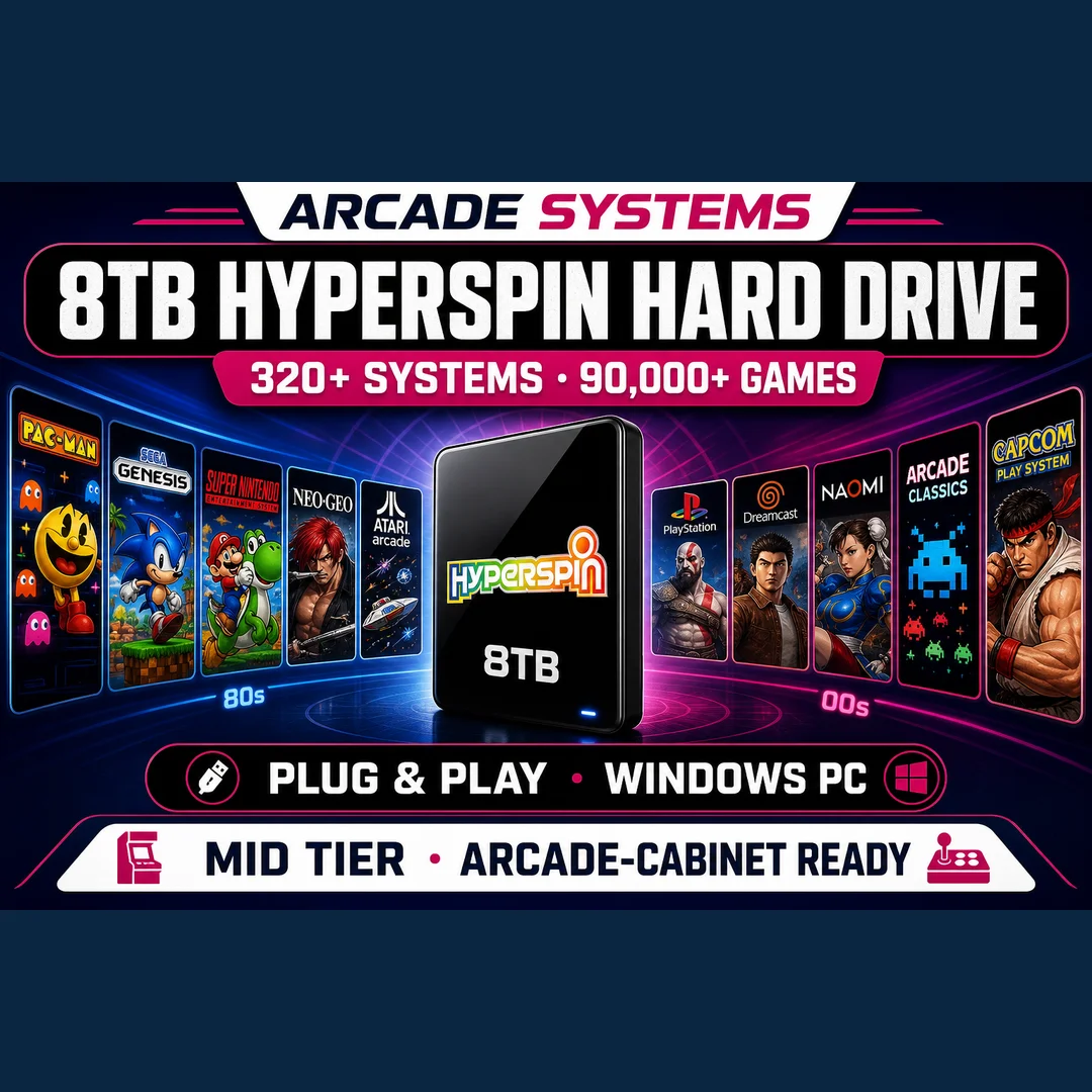 8TB Hyperspin Hard Drive — 320+ Systems · 85,000+ Games